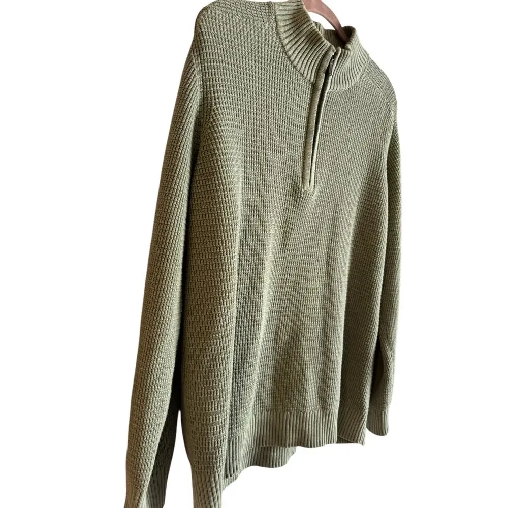 VTG L.L.Bean Men’s Quarter Zip Cotton Sweater Waffle Texture Large Green